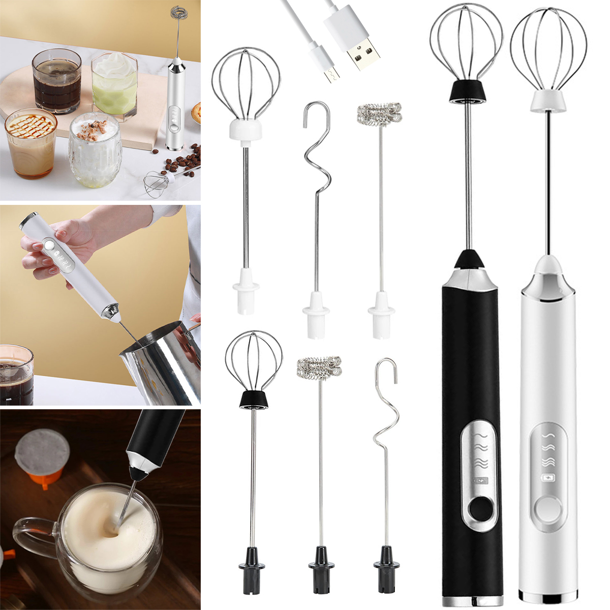 Grusce Milk Frother Handheld with 3 Heads,Coffee Whisk Foam Mixer with USB Rechargeable 3 Speeds Electric Mini Hand Blender for Cappuccino Latte Hot Chocolate Egg